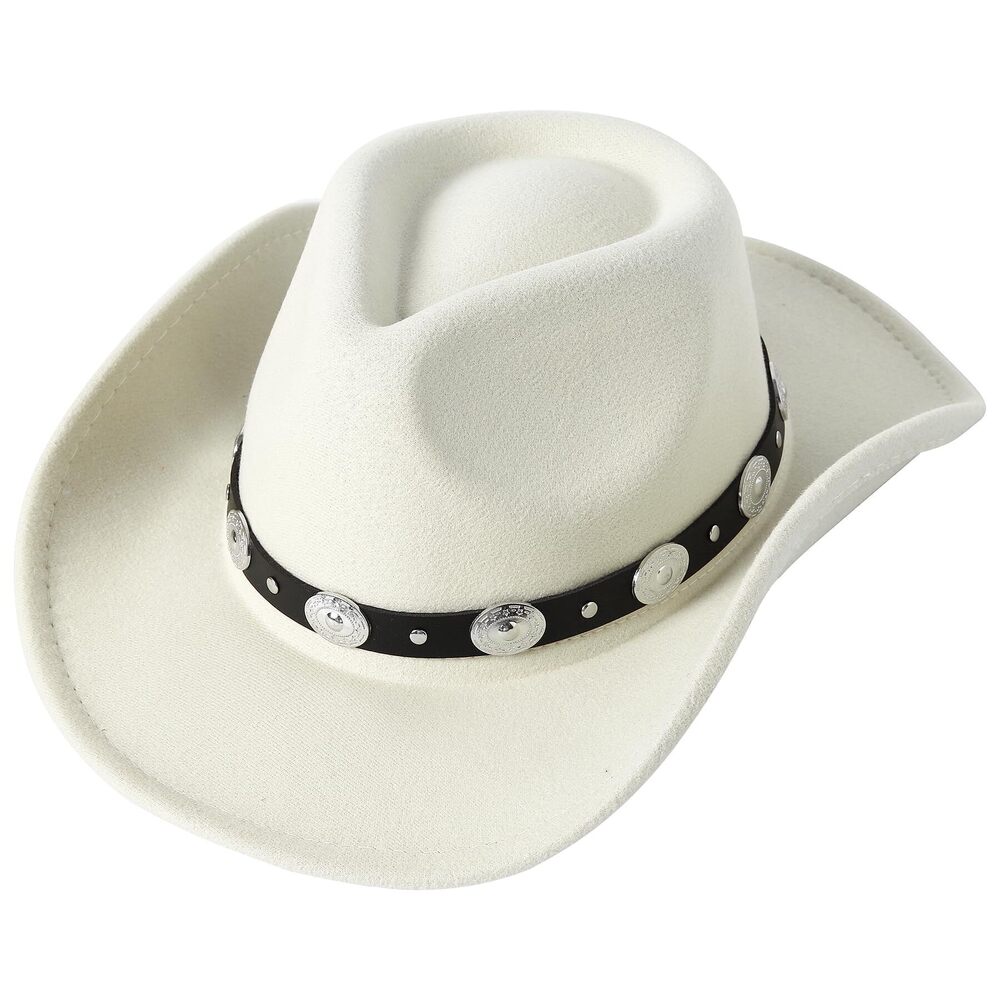 5188 Felt Wide Brim Western Cowboy Hats Belt Buckle Panama HatIvory White